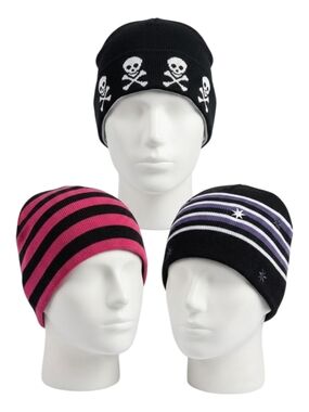 Y2K Knit Beanie Toque Set of 3- Black Skull, Pink Stripe, Purple Star Stripe